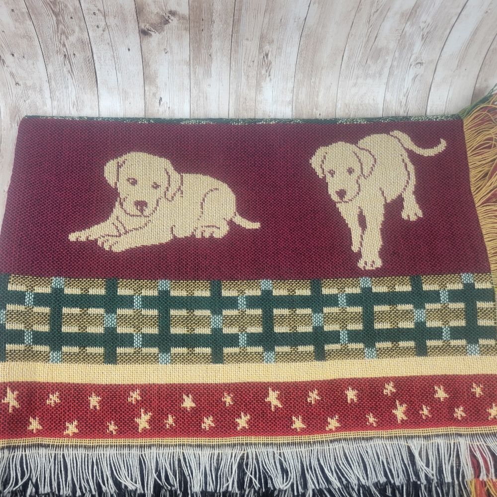 Dog Puppy Pattern Blanket Afgan Red Green Fringe Sides - Picture 4 of 6